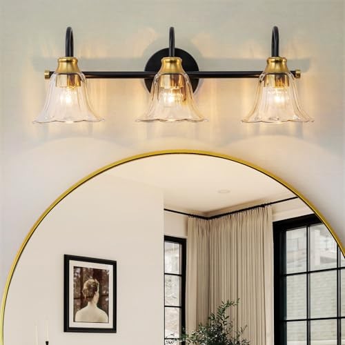 Black Gold Bathroom Vanity Light, Vintage 3 Light Black Gold-Clear Glass Shades