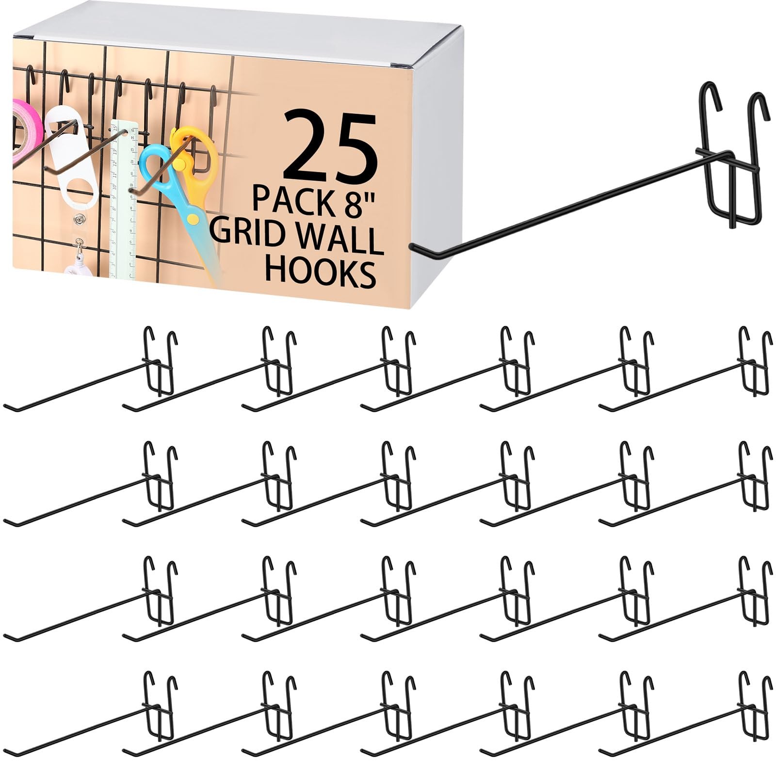 8 Inch Gridwall Hooks 25 PCS Store Garage Wall Mount Organizer Display Black