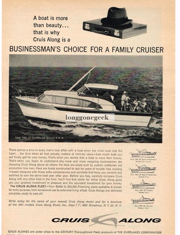 1961 CRUIS ALONG El Dorado 33' Cabin Cruiser Boat VINTAGE Print Ad