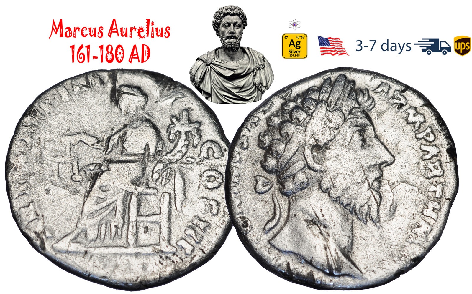 Ancient Roman Empire Coin Silver Denarius Marcus Aurelius 161 180 AD #33512