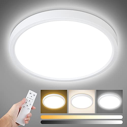  Dimmable LED Flush Mount Ceiling Light with Remote Control, Wired 12inch White