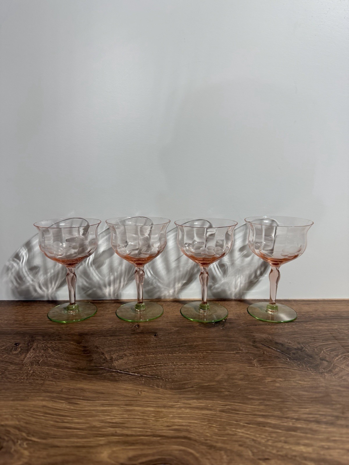 4-Vtg Weston Pink & Green Watermelon Paneled Etched Elegant Wine Glasses UV Glow