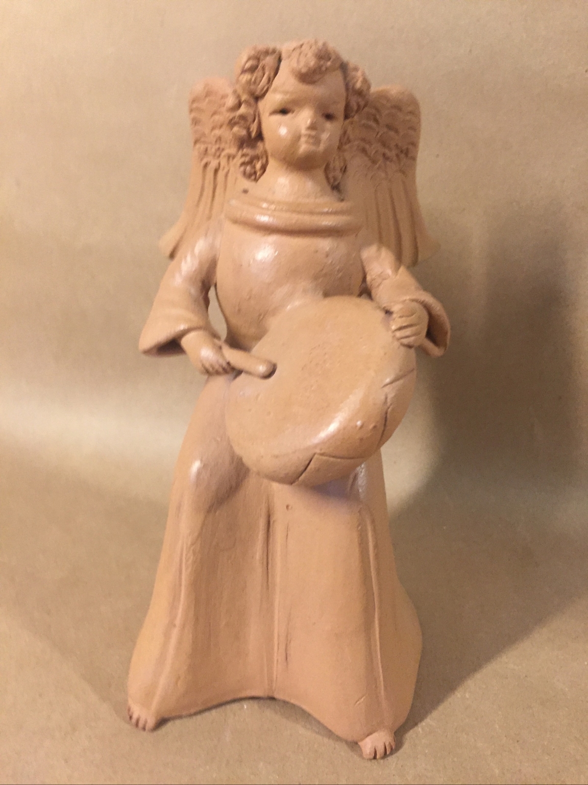 Vintage Guatemala Pottery Folk Art Angel Playing Drum 6.5"