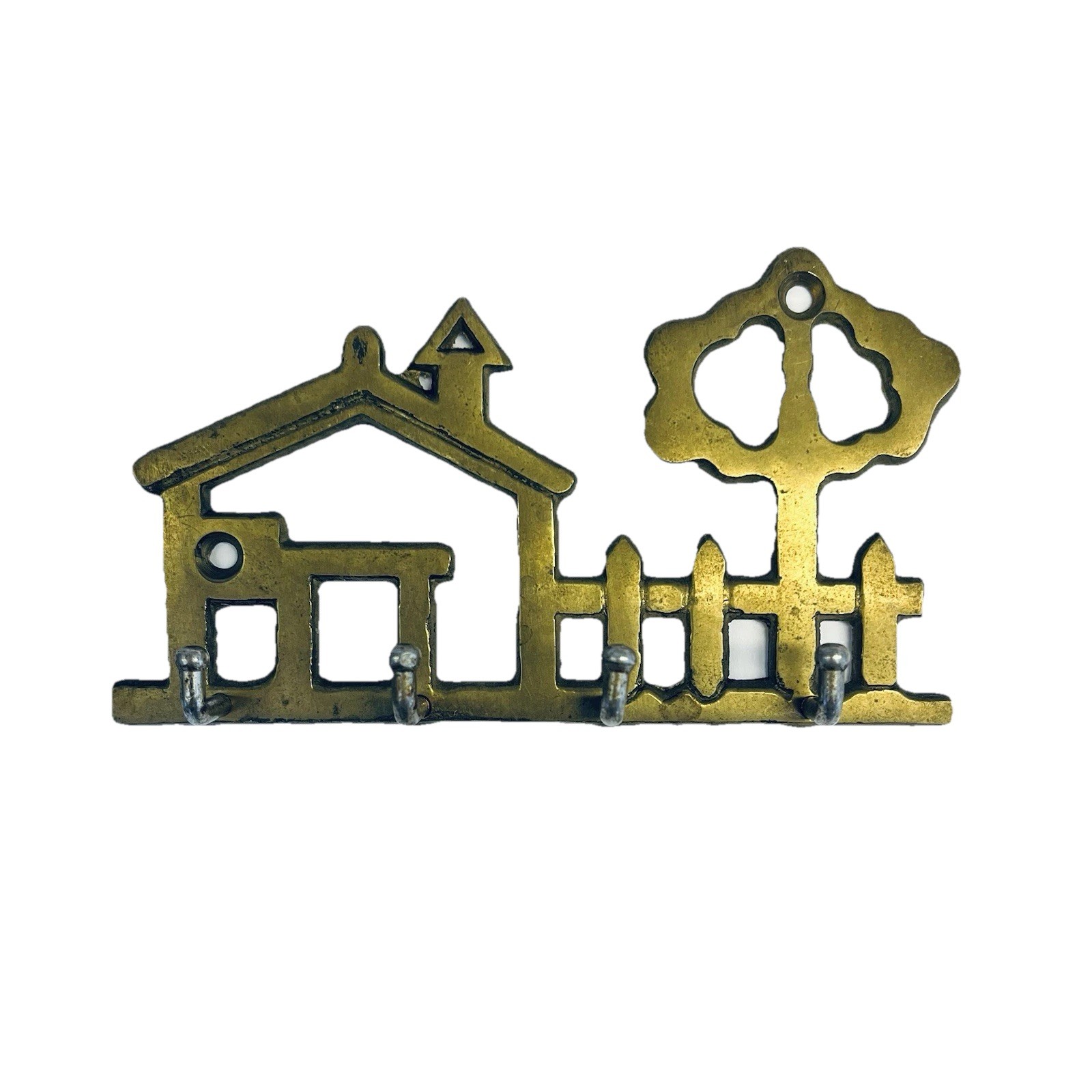 Brass Key Rack Holder Vintage Decor Wall Mount Rustic 4 Hook Small