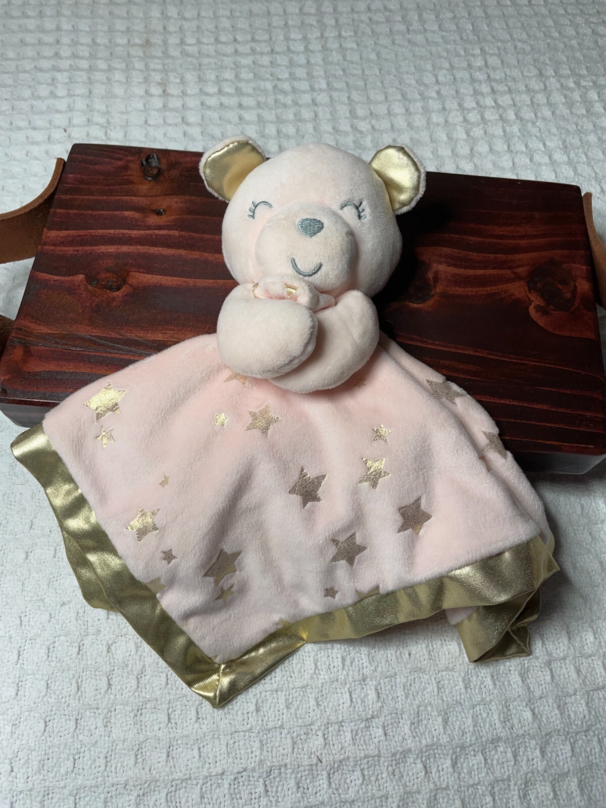 Baby Essentials Pink Bear Gold Ears, Stars, Trim Lovey Security Blanket Plush