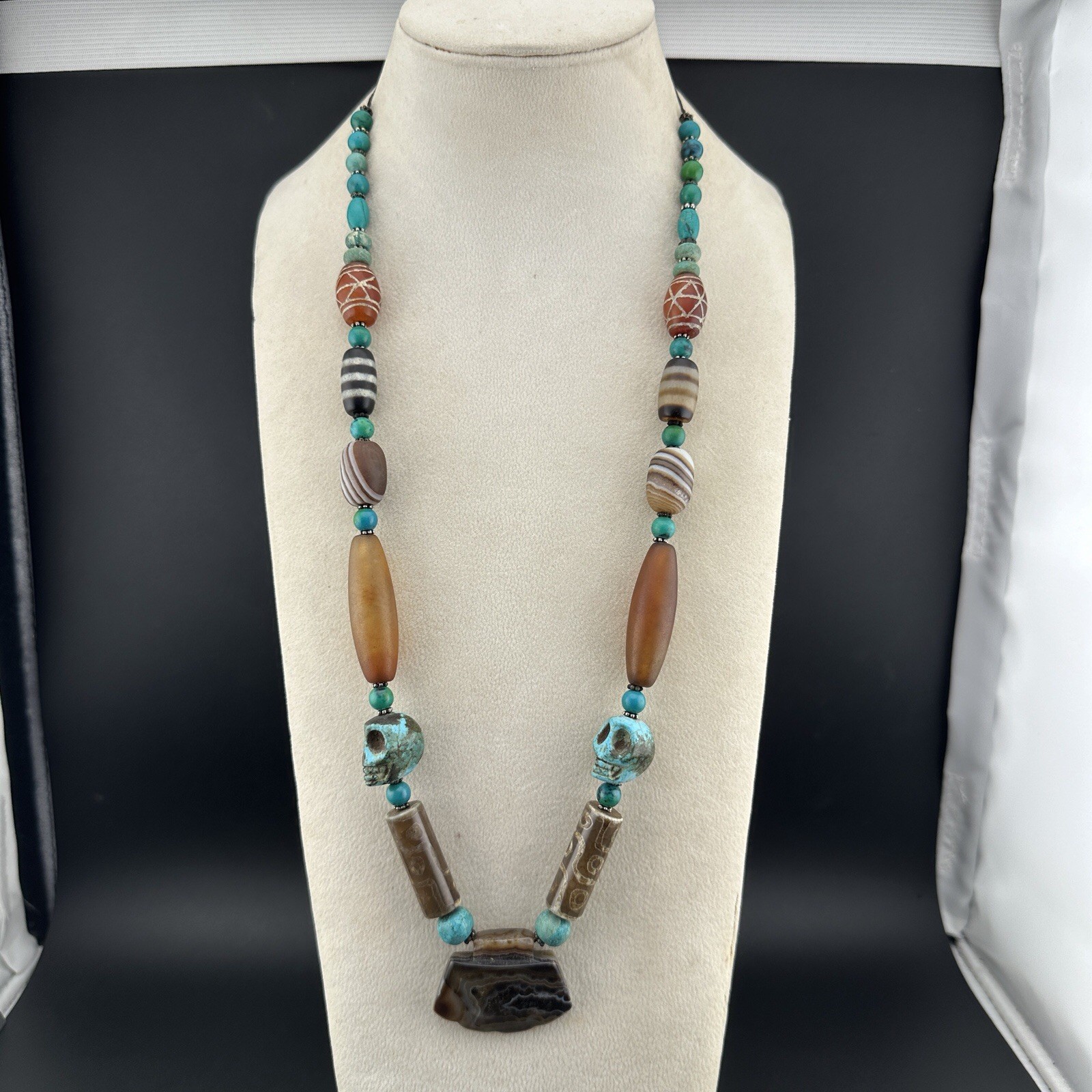 Rare Vintage Himalayan Tibetan Carnelian  Agate And Turquoise Beads Necklace