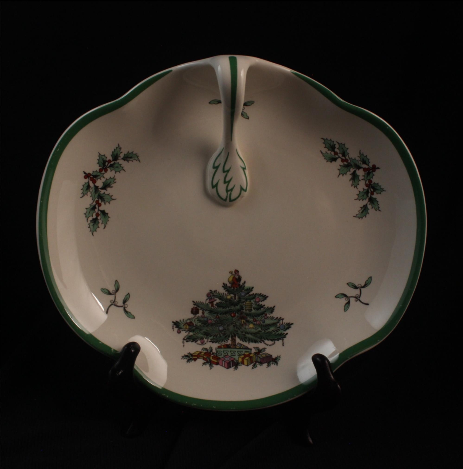 Vintage Spode England Candy Dish Christmas Tree Handled Tray Holiday