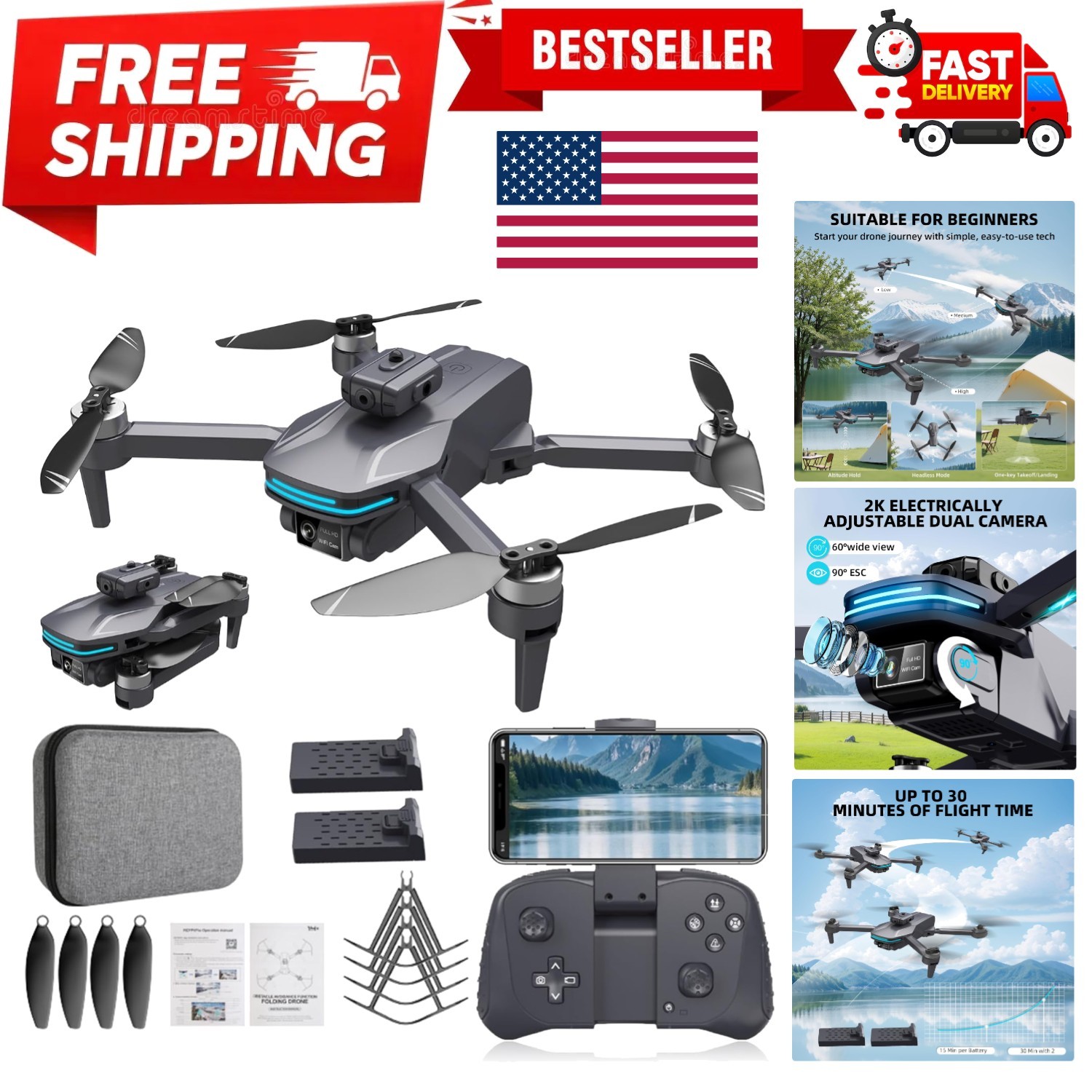 4K Camera Drone with Foldable Design, Dual Adjustable Lenses, Brushless Motor...
