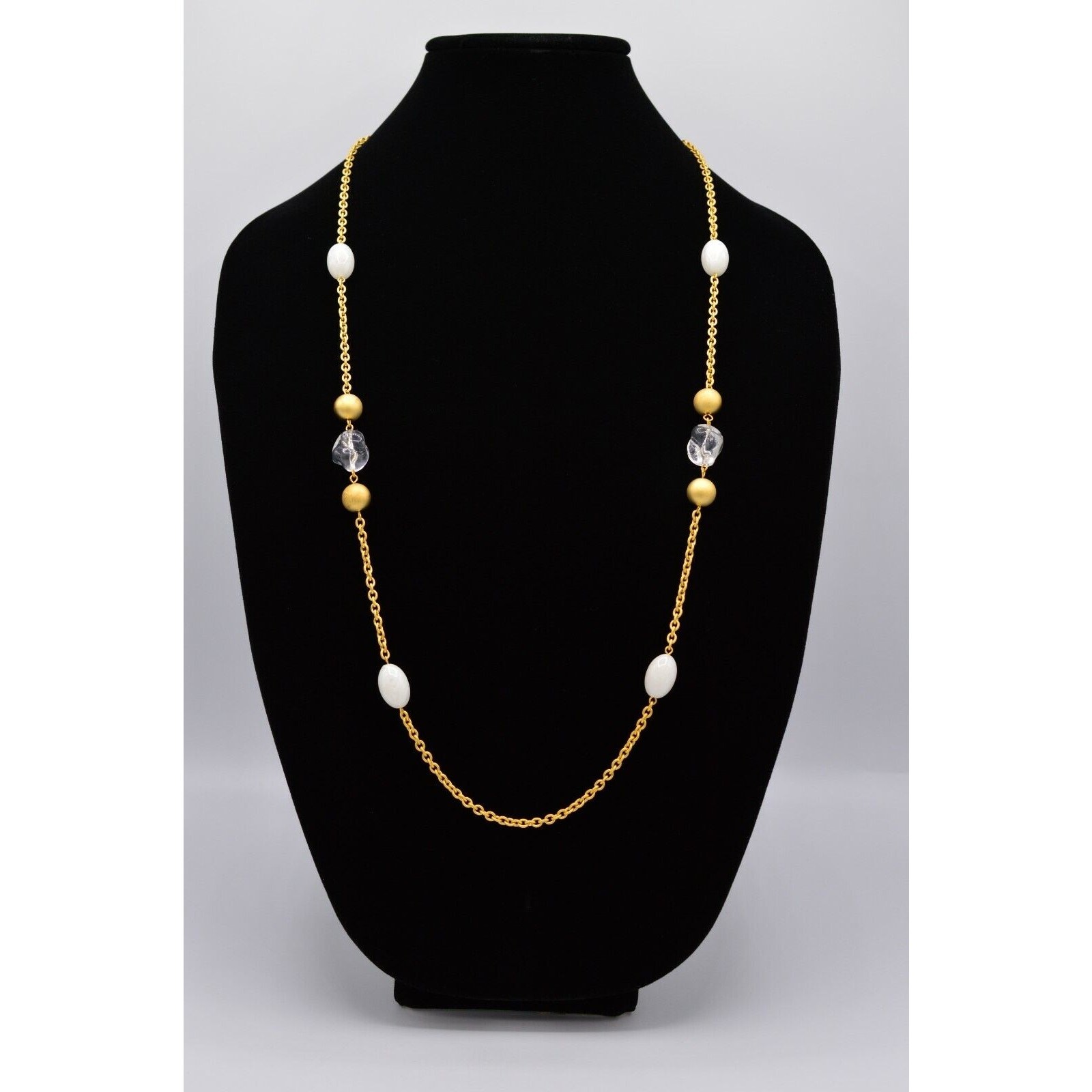 Givenchy Vintage Station Chain Necklace Brushed Gold Lucite Milk Signed 1980s 9A
