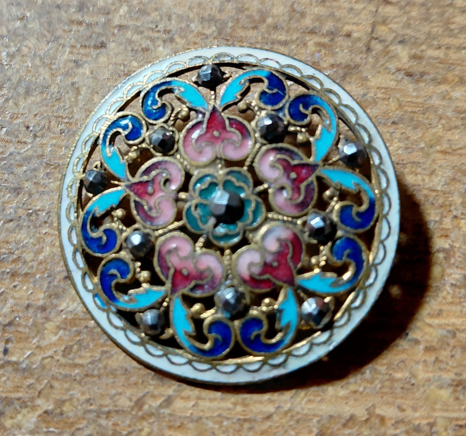 Antique Large Button Cut Steel Champleve Enamel Openwork Rare 1.25 inch France