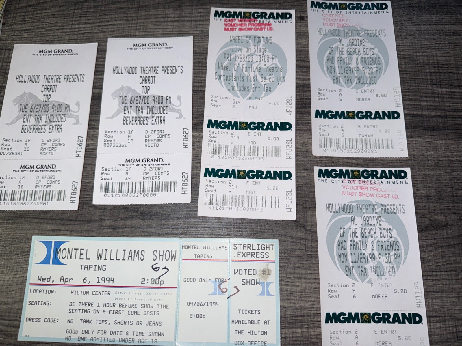 Lot Of 6 MGM GRAND Ticket Stubs Motel Williams Beach Boys Wheel Of Fortune More
