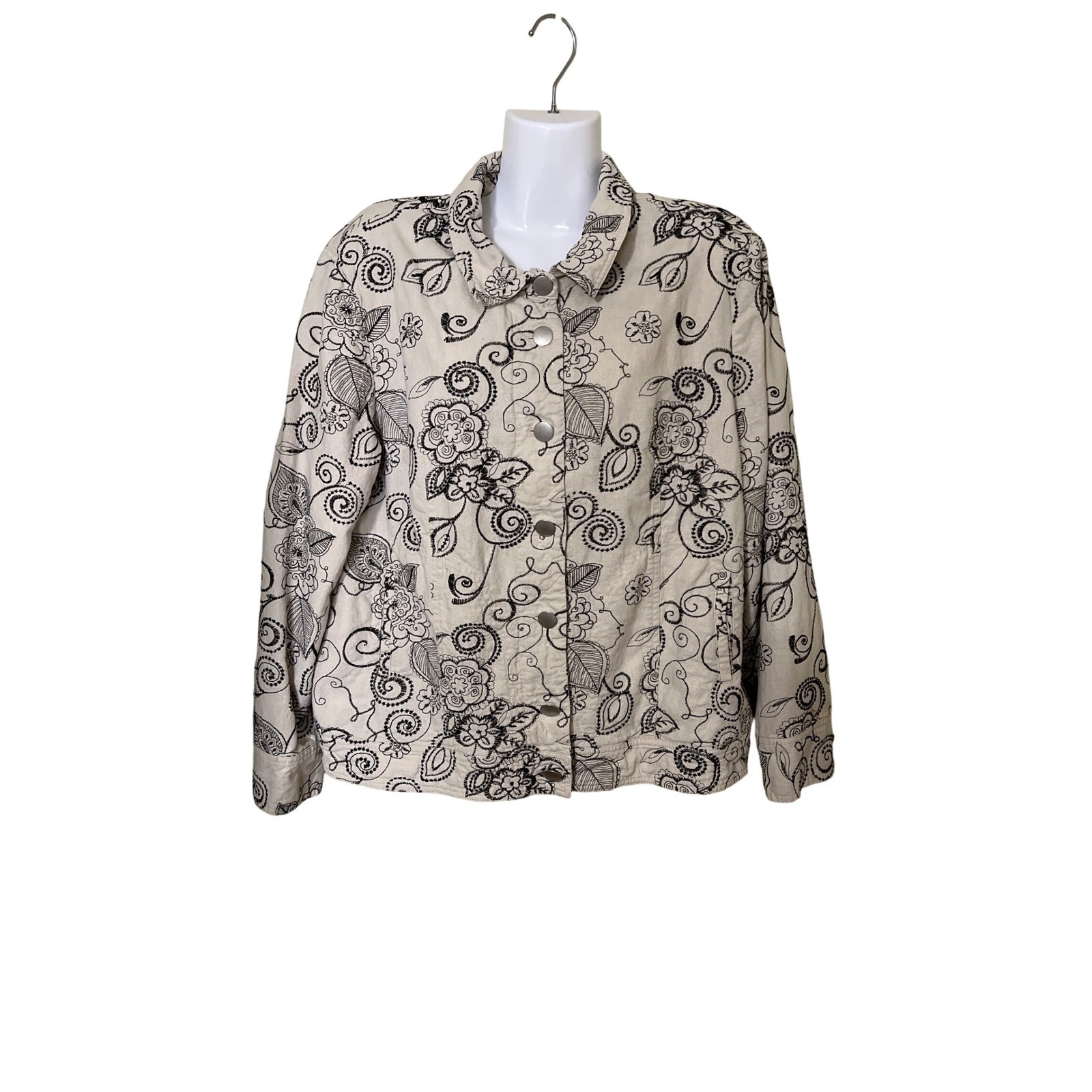 Susan Graver Style  Linen Blend Floral Embroidered Button Front Jacket - XL