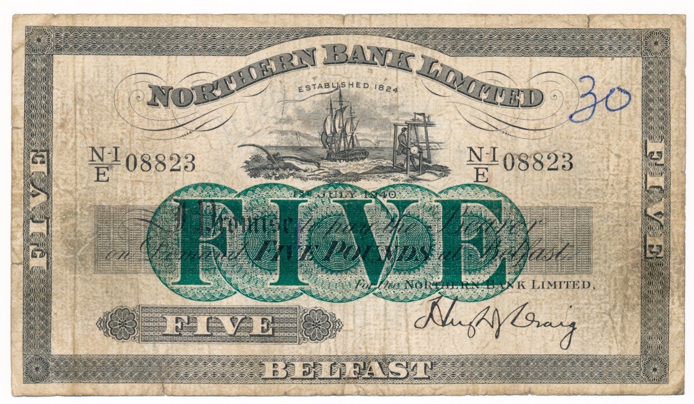NORTHERN IRELAND (NORTHERN BANK LIMITED) banknote 5 Pounds 1940 VF Very Fine
