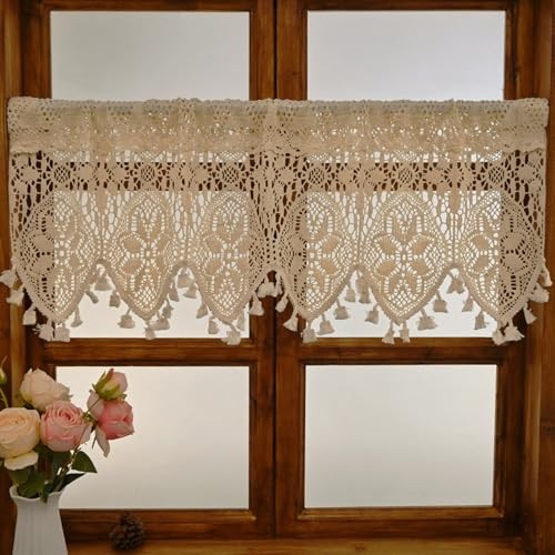 Boho Curtain Valance for Kitchen Dining Farmhouse 59"W x 15"L (Pack of 1) Beige
