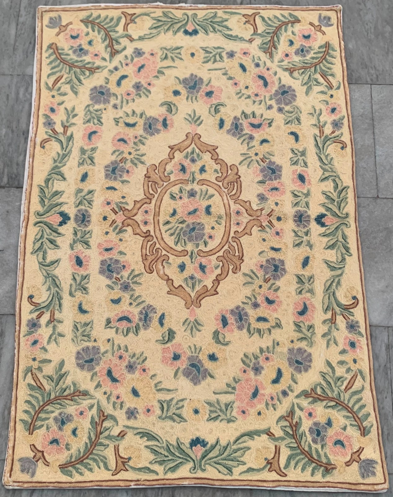 Vintage Handmade Aubusson Rug: French Chain Stitch, Wool Carpet 2x4 ft