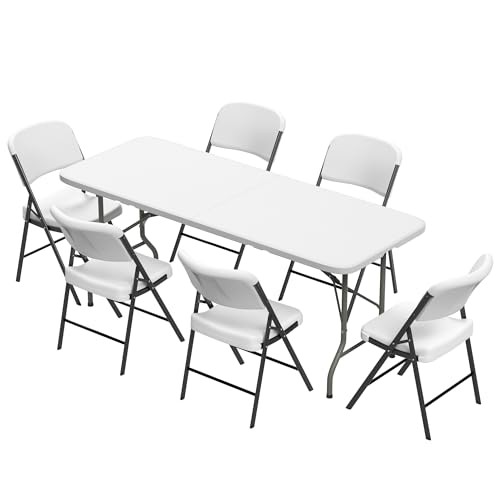  Folding Table Set with 6 White Folding Chairs,6 Feet Heavy 6 feet With 6 Chair
