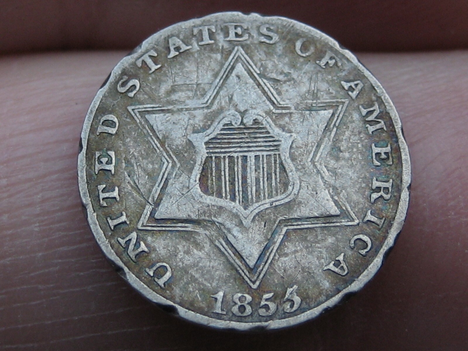 1855 Three 3 Cent Silver, RPD, Repunched Date, VF/XF Details