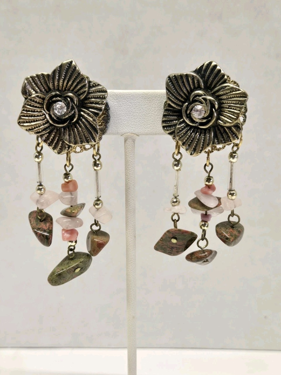 Bold FUN Rose Quartz Jasper Rhodocrosite Dangle Clip On Earrings