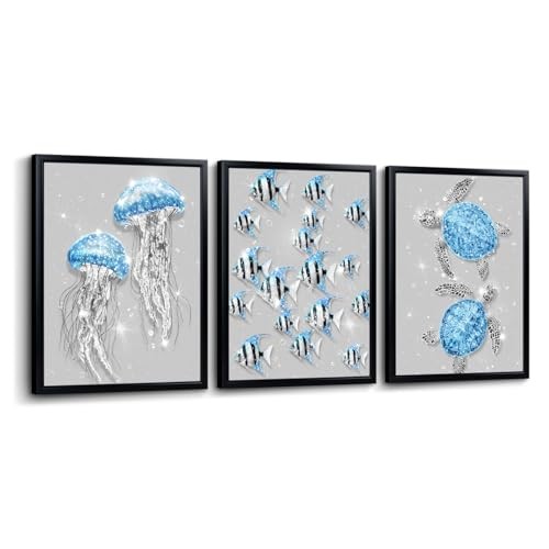  Ocean Animal Wall Art Jellyfish Fish Sea Turtle Picture Prints Glam and Blue
