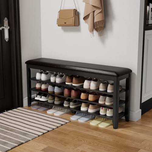  Shoe Bench with Leather Cushion, 3 Tiers Shoe Storage Bench Height 47.2" Black