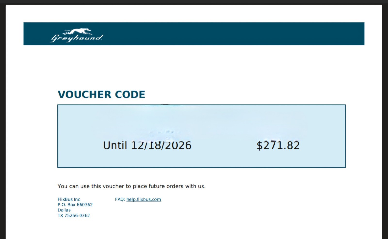 Greyhound Travel Voucher $271.82