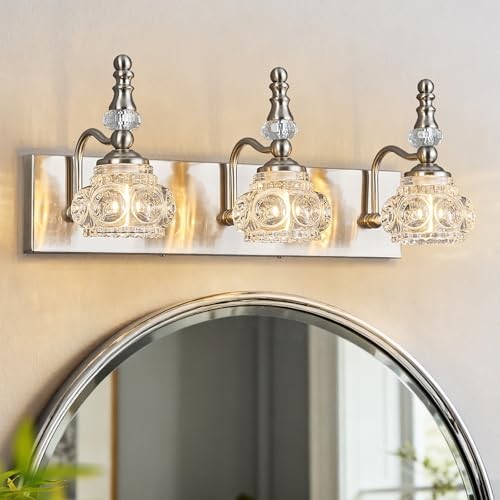 Modern Glass Crystal Vanity Light - Vintage Bathroom Lighting 3-Light Nickel