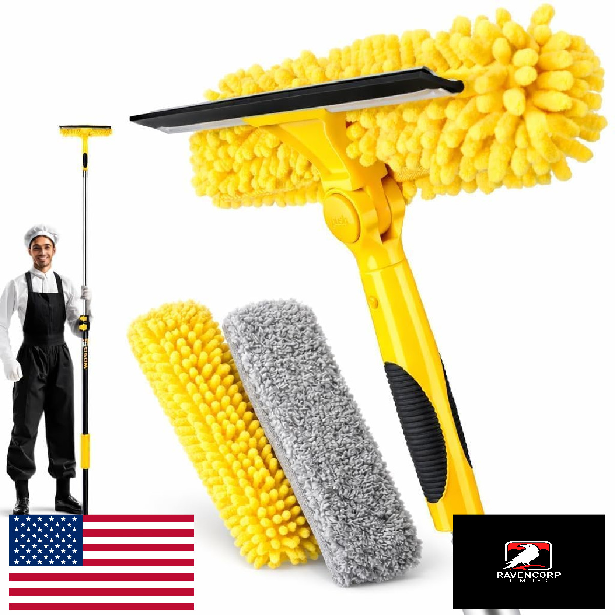 18FT High Reach Window Squeegee & Washer Kit w/ Extension Pole, 2-in-1