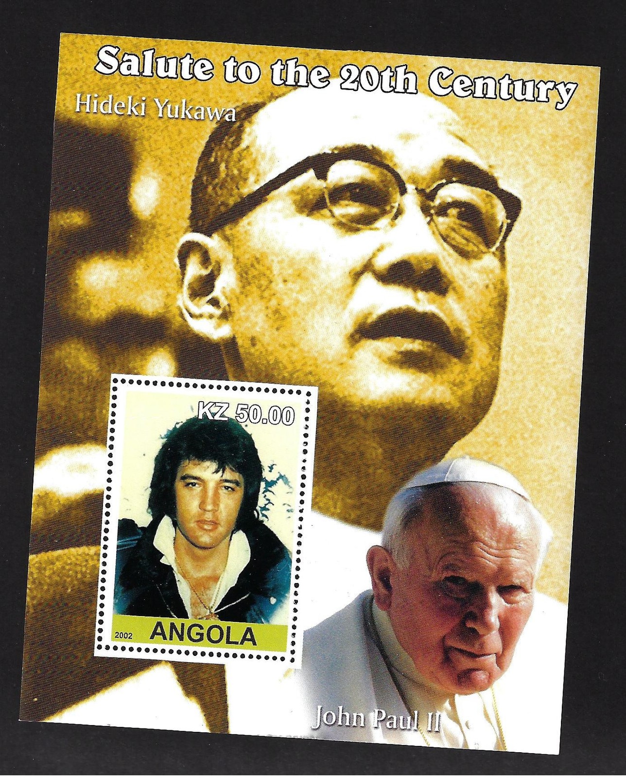 ANGOLA 2002 MNH SOUVENIR SHEET ELVIS PRESLEY, POPE JOHN PAUL II & HIDEKI YUKAWA
