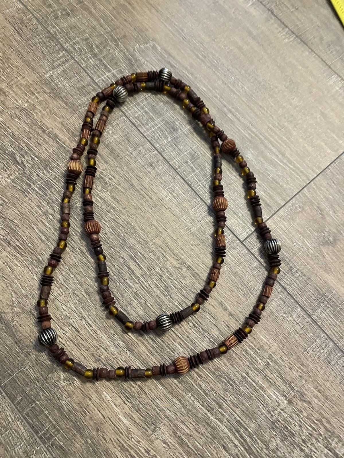 Boho Wood & Amber Glass Bead Necklace Tribal Style 45”