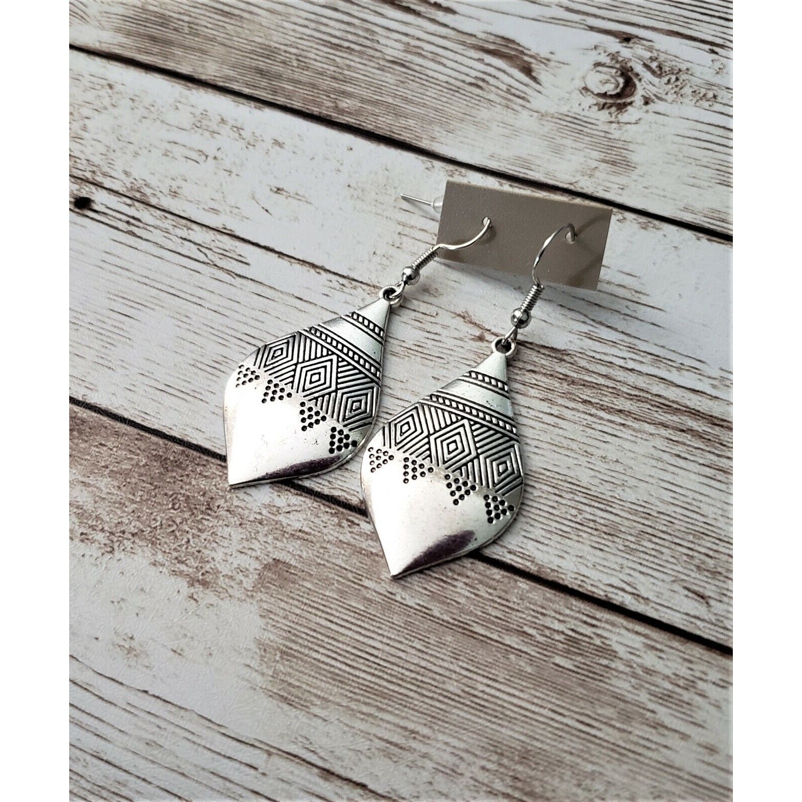 Patterned Silver Tone Dangle Earrings - Brand New