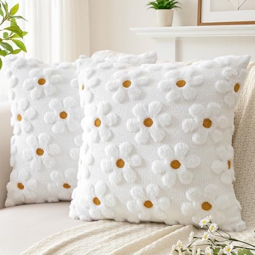  Spring Summer Pillow Covers 18x18 Set of 2 18" x 18" (Pack of 2) White Flower