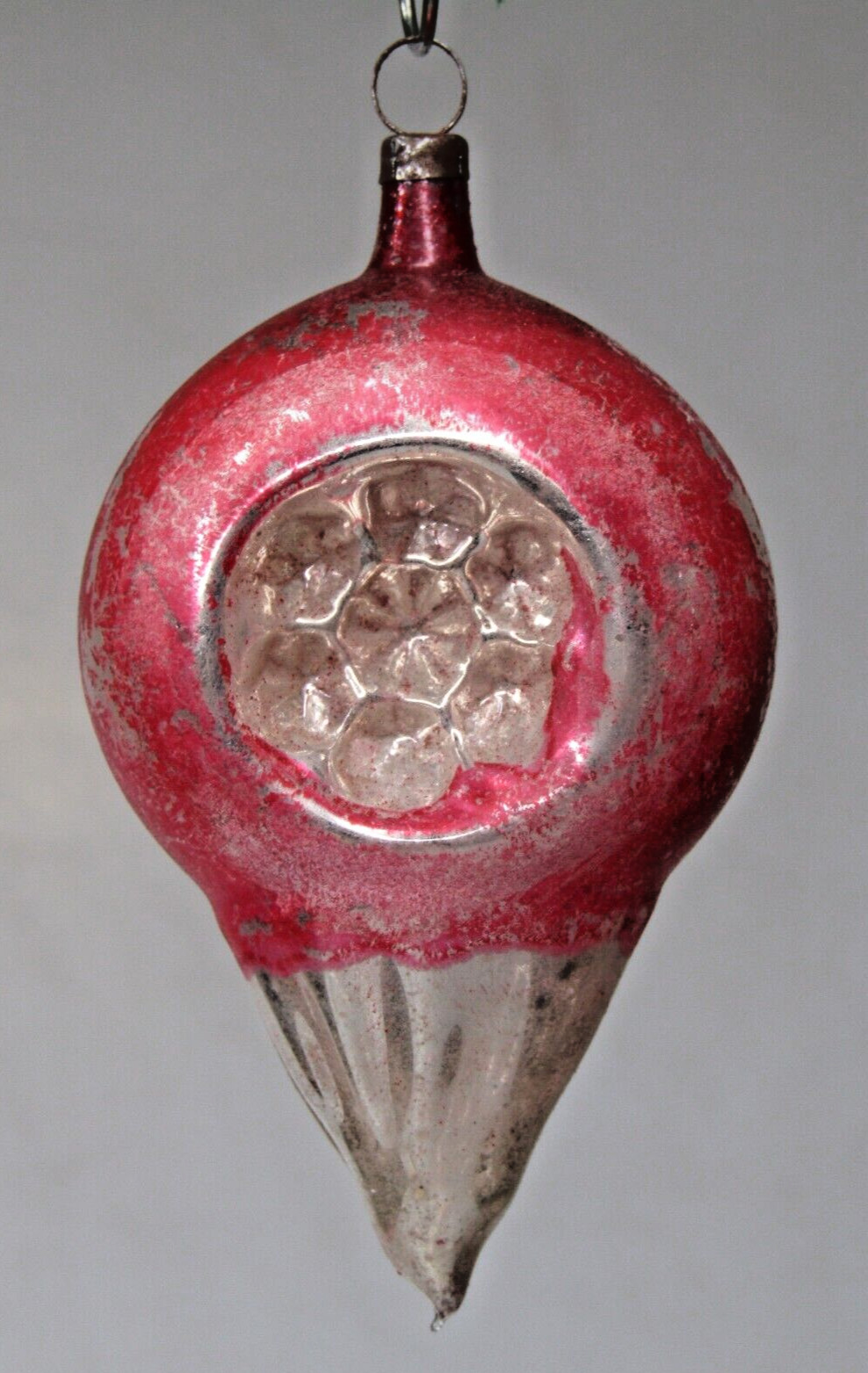 Antique VTG Glass Double Indent DAISY Embossed DROP Christmas Ornament Germany