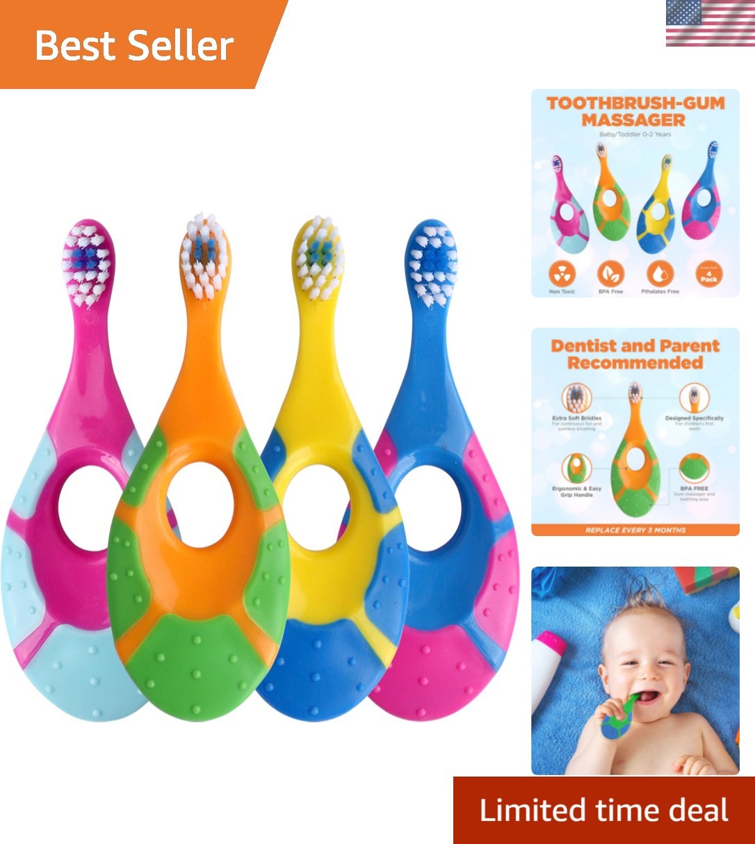 Baby Toothbrush for Infants & Toddlers 0-2  Old 4 Pack Extra Soft Bristle for...