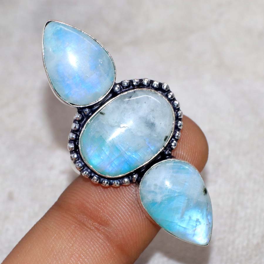 925 Silver Plated Long Rainbow Moonstone Ring US 8 Christmas Jewelry Trendy GW
