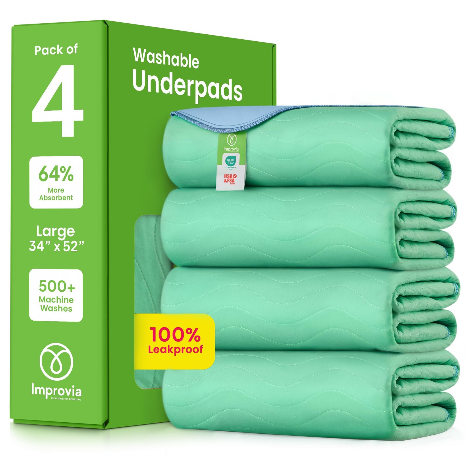 Washable Underpads 34 x52 Pack of 4 Heavy Absorbency Reusable Incontinence Pads