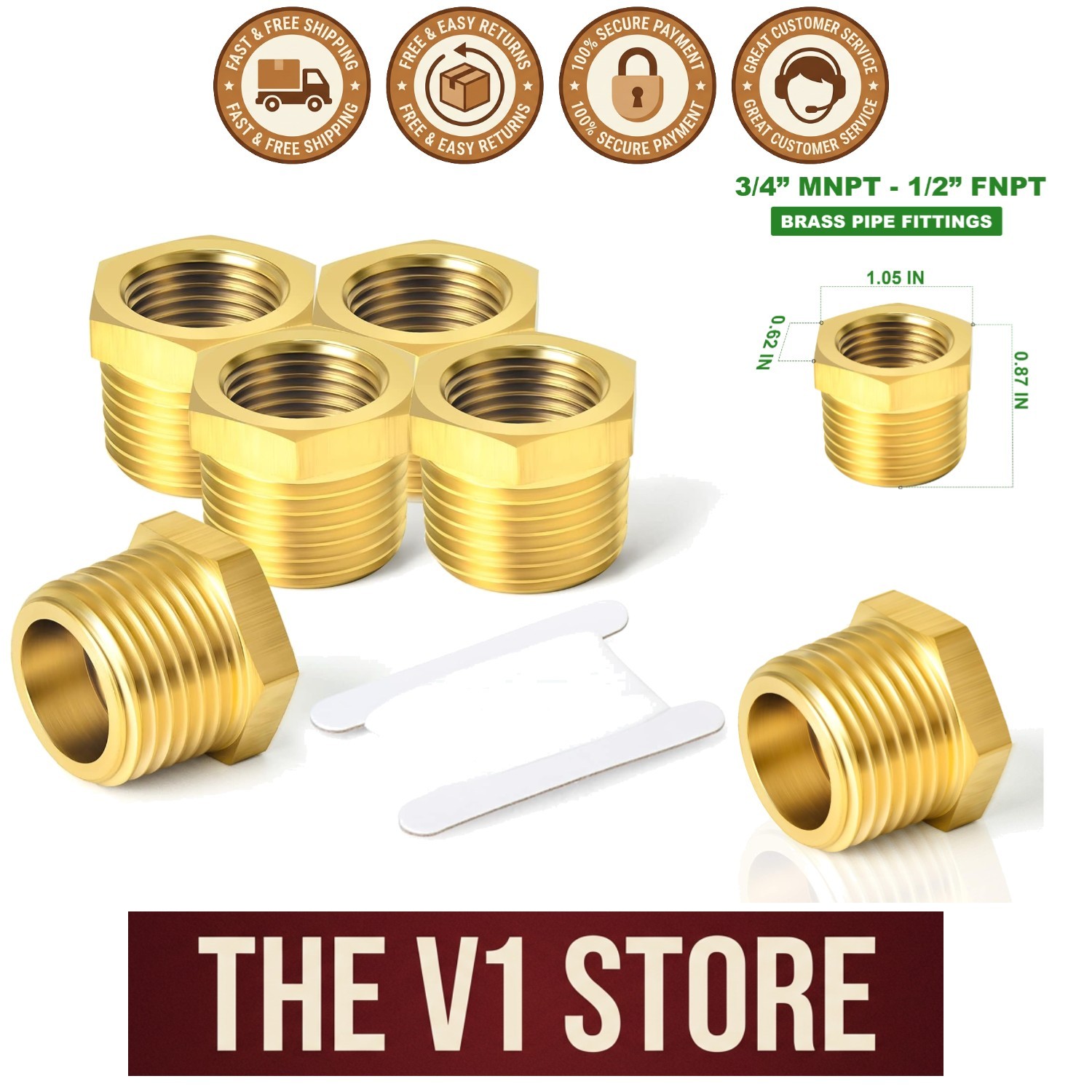 5PCS Brass Reducer Bushing Set - 3/4" to 1/2" NPT for Versatile Plumbing