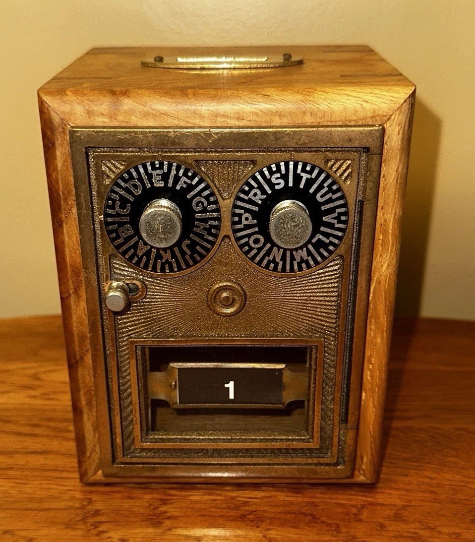 Antique Post Office Box Door Bank-Dual Dial Bullseye Design Oak-With Combination