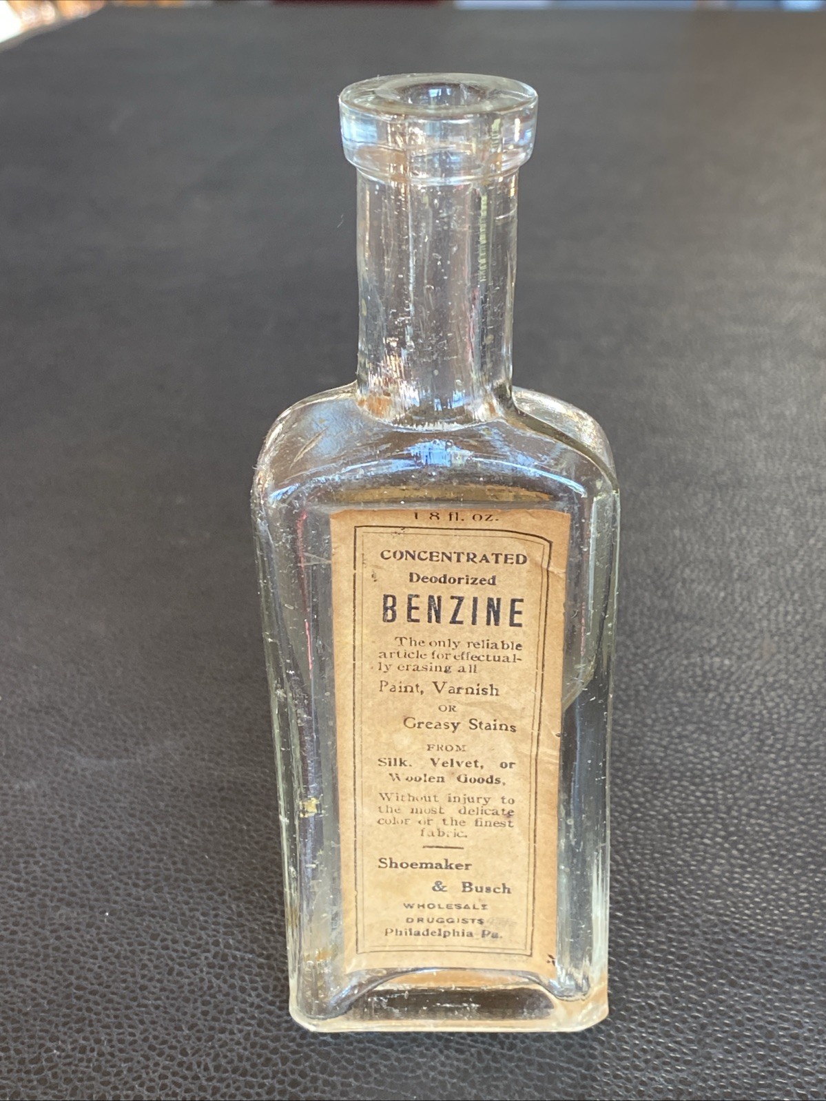 Antique Apothecary Medicine Bottle Benzine Advertising Label Shoemaker & Busch