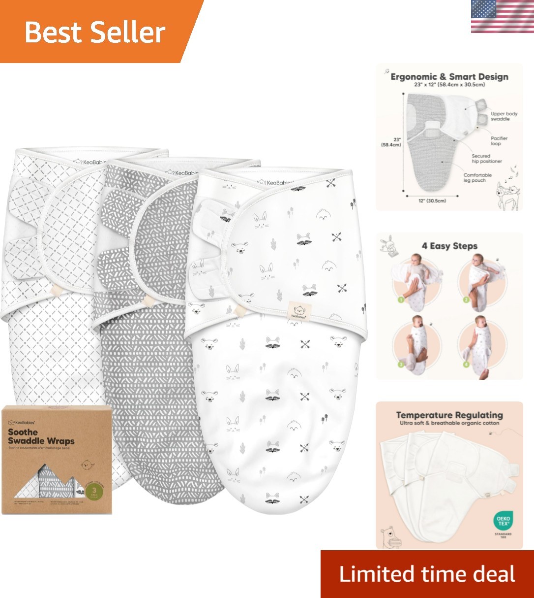 3-Pack Organic Baby Swaddle Sleep Sacks - Swaddles for Newborns, Infant 0-3 ,...