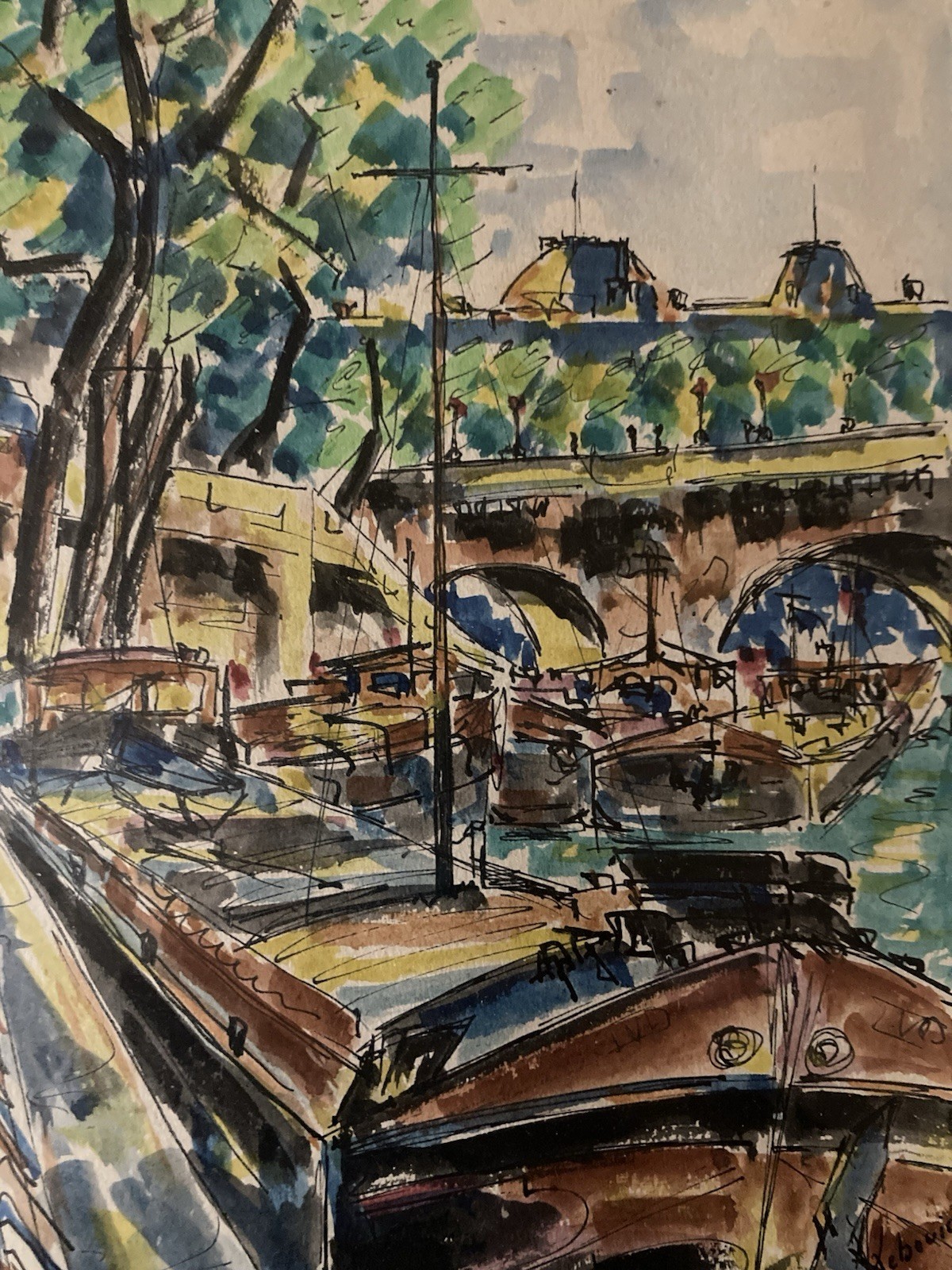 Beau Dessin Peinture Papier Aquarelle Péniche Seine Paris 1920 Ancien Lebourg ?
