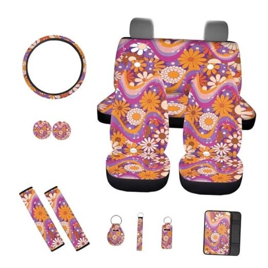 Print Car Seat Cover Full Set for Women,Universal Car Steering Hippie Floral