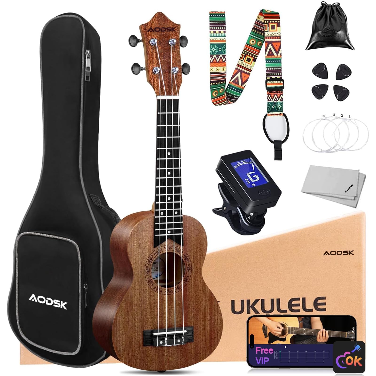 21 Inch Soprano Ukulele Kit - Gig Bag, Strap, Tuner, 4 Picks, Cloth |
