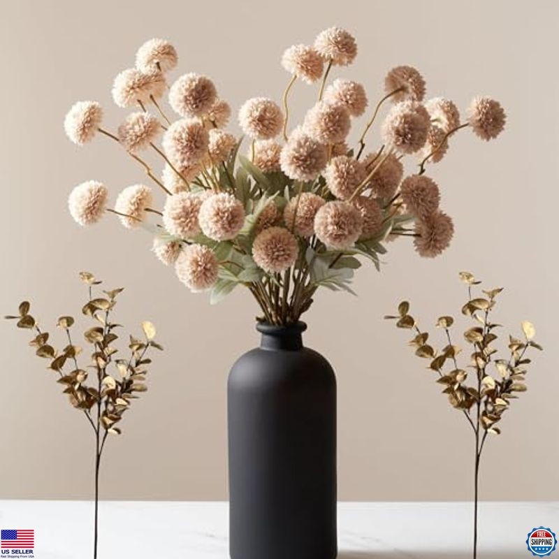 Beige Silk Faux Flowers - 10 Stems Eucalyptus, Long Stem Artificial Mums Decor