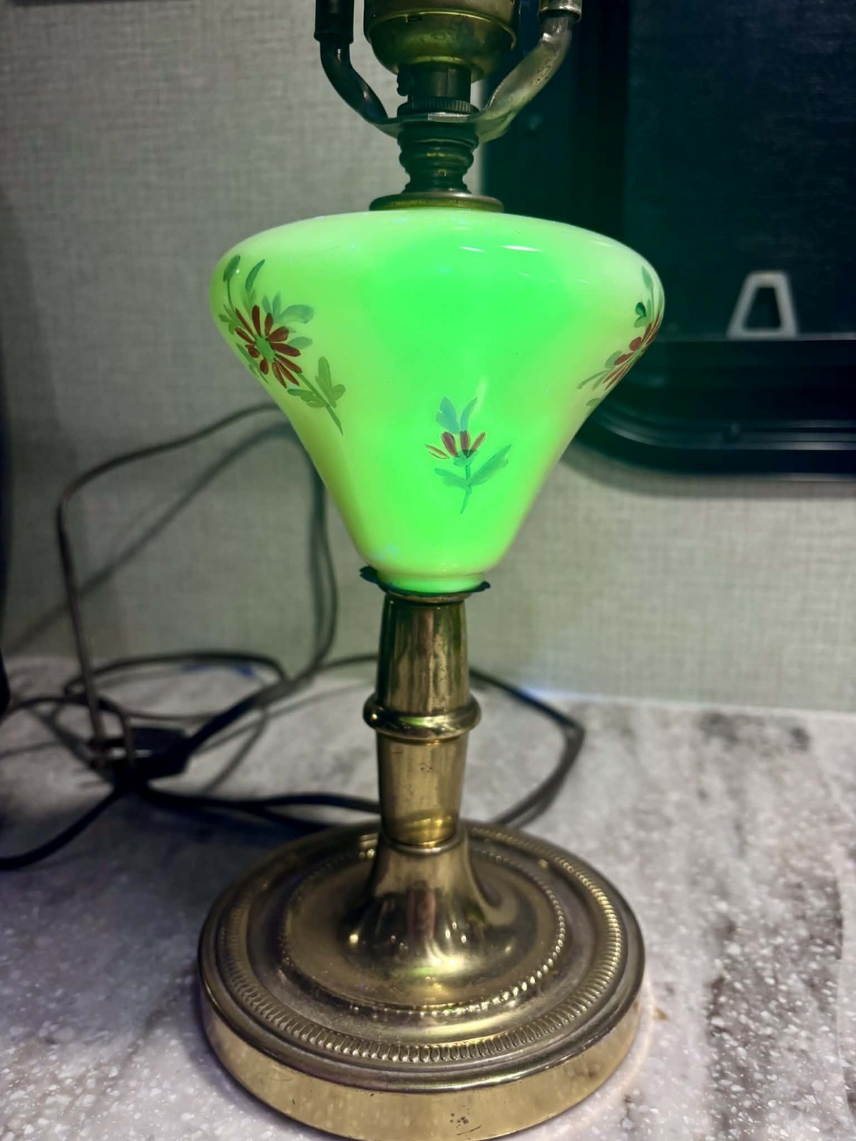 Art Deco Czech Uranium Opaline Lamp Hand Painted Floral Brass Base