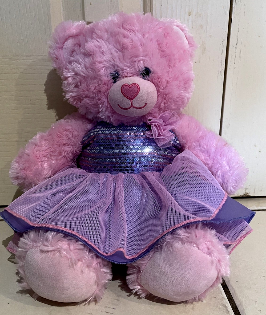 Build A Bear BAB Pink Plush Teddy Bear Wearing Purple Sequin Tutu Dress 40cm