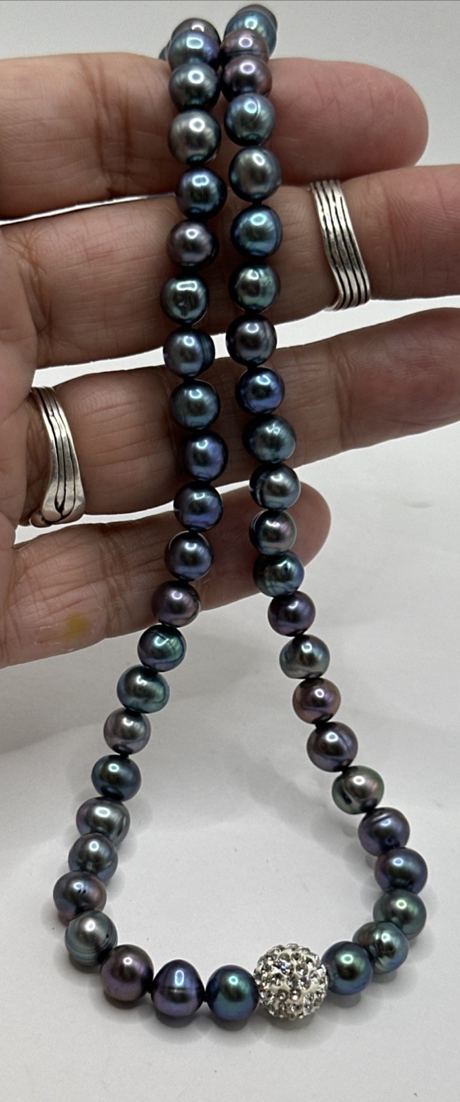 Dyed Freshwater Black Pearls Necklace Silver Clasp 8mm Pave Accent  16'' Vintage