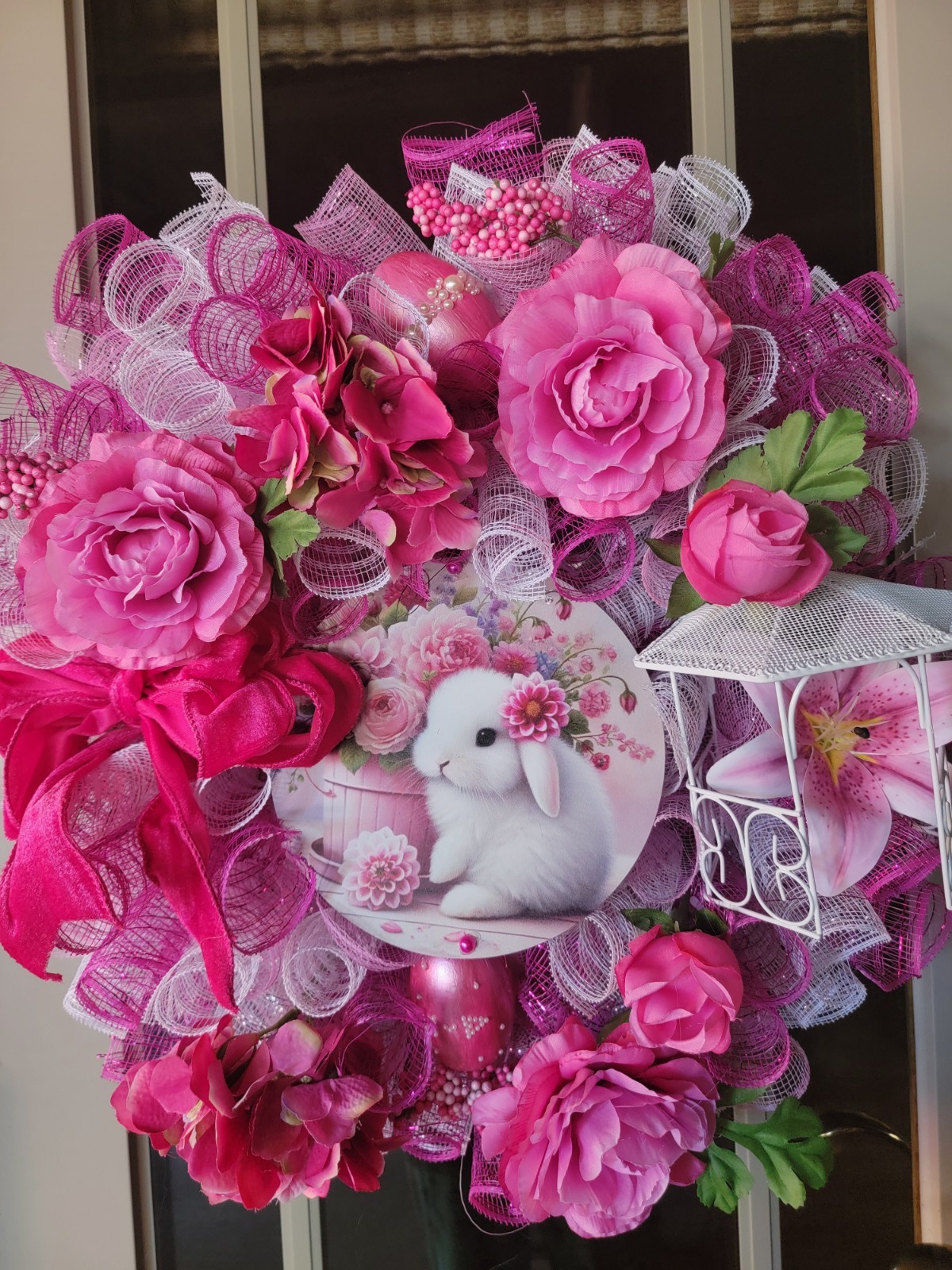 Easter Deco Mesh Wreath FANCY BUNNY BEAUTIFUL FLOWERS EMBELLISHED EGGS GAZEBO