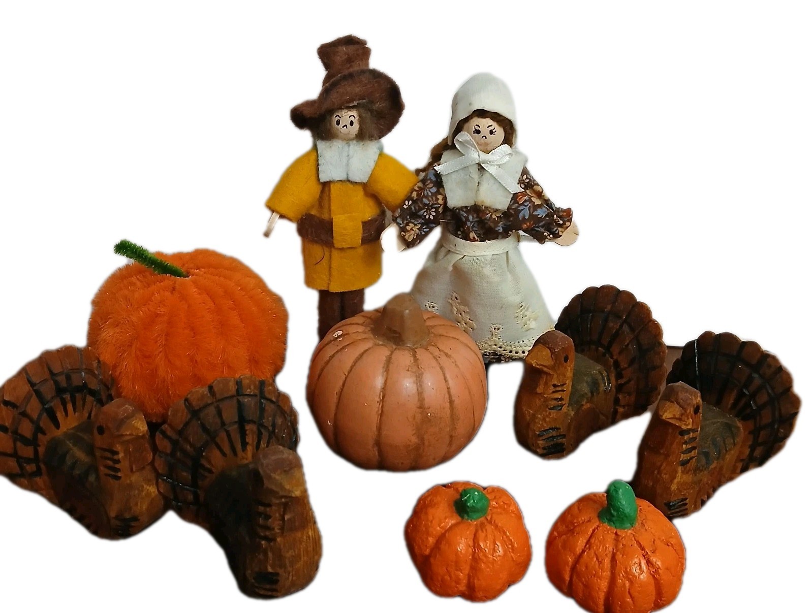Vintage Thanksgiving Lot Clothespin Pilgrims Chenille Pumpkin Wood Turkeys