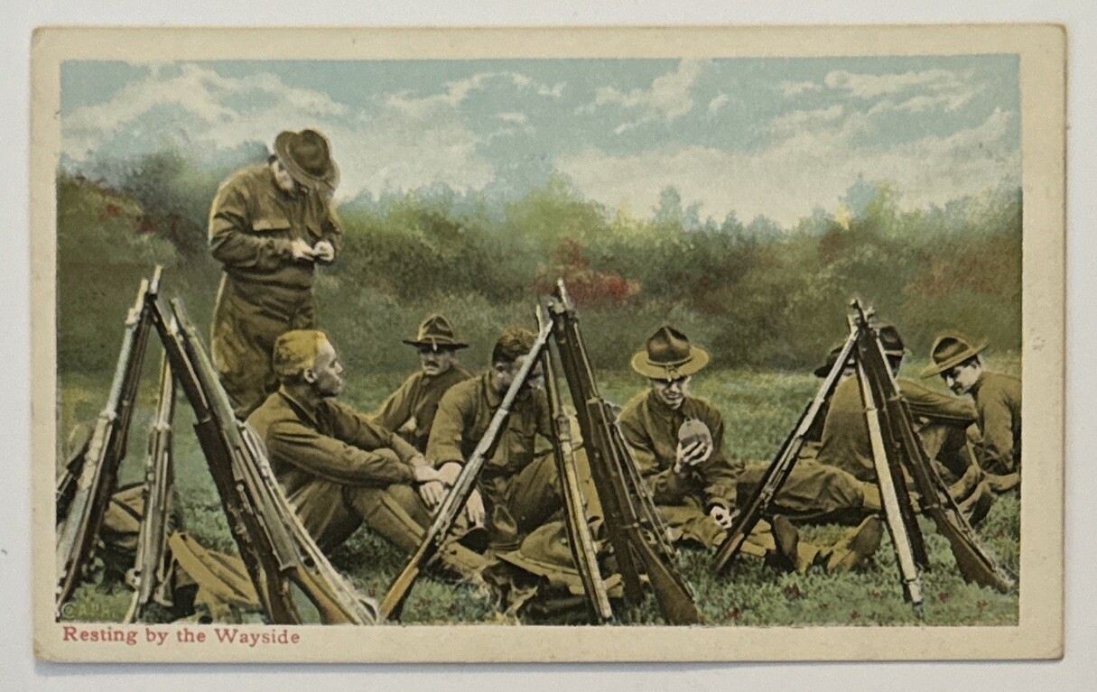 US Army Soldiers Resting Military Antique Postcard