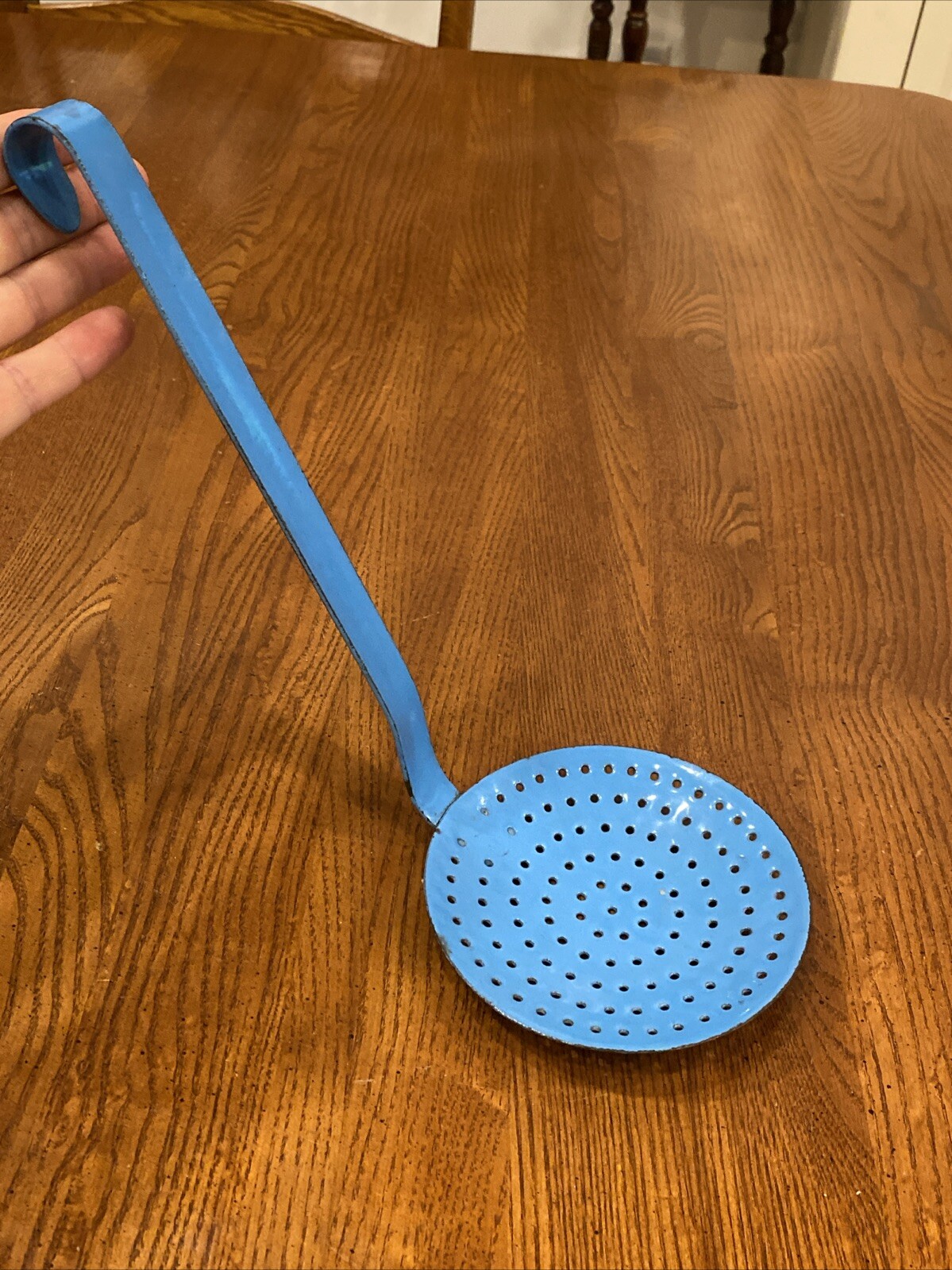 Country Farmhouse 5” BABY Blue Enamel Strainer Skimmer Scoop 13” Hanger Hook